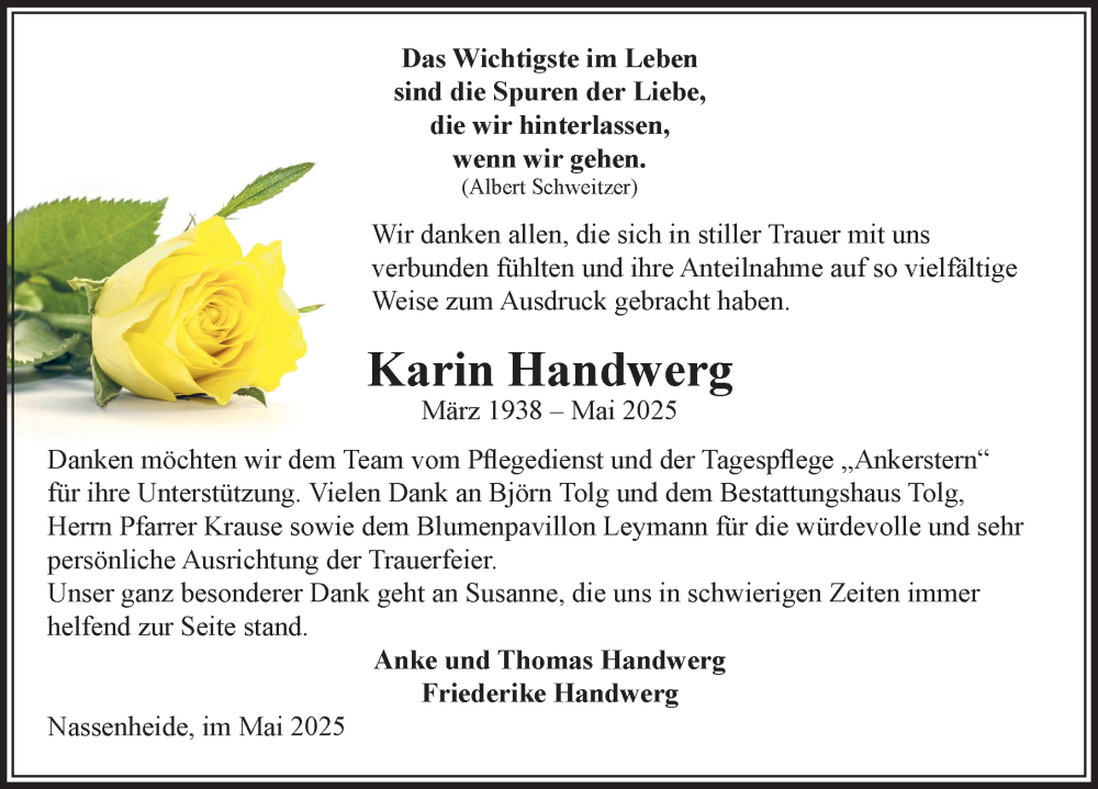  Traueranzeige für Karin Handwerg vom 07.06.2025 aus Märkischen Allgemeine Zeitung
