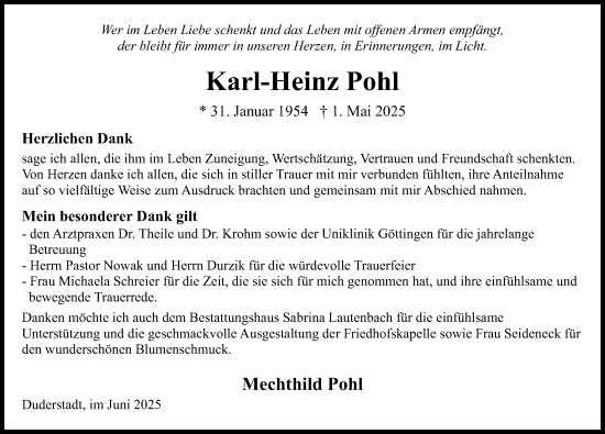 Traueranzeige von Karl-Heinz Pohl von Eichsfelder Tageblatt