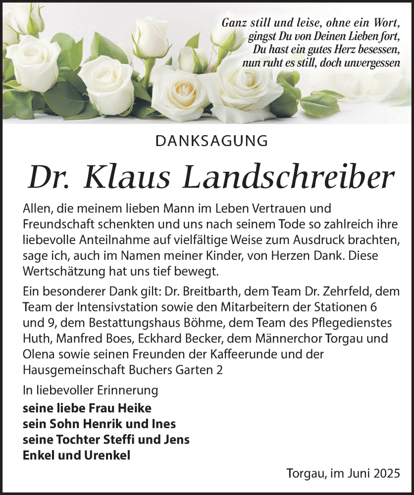  Traueranzeige für Klaus Landschreiber vom 08.06.2025 aus Torgauer Zeitung