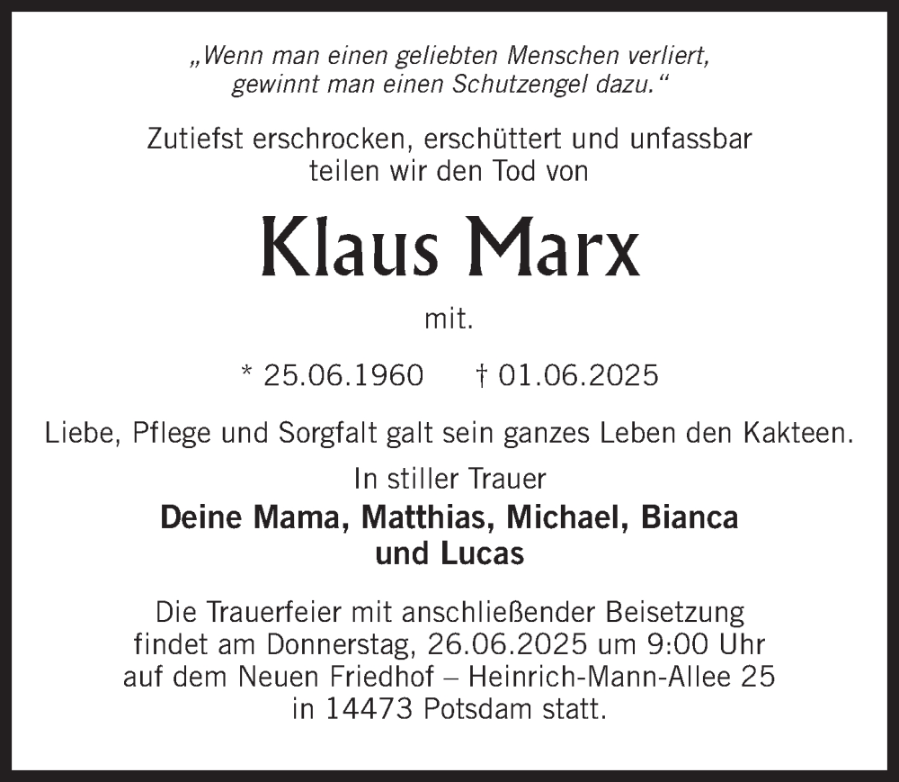  Traueranzeige für Klaus Marx vom 14.06.2025 aus Märkischen Allgemeine Zeitung