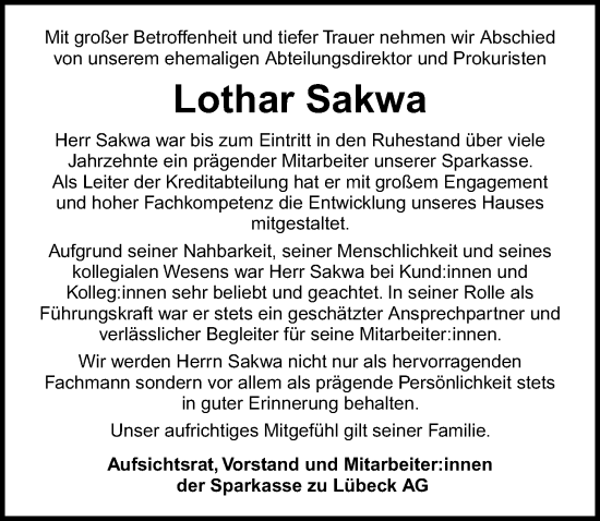 Traueranzeige von Lothar Sakwa von Lübecker Nachrichten