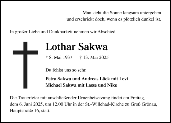 Traueranzeige von Lothar Sakwa von Lübecker Nachrichten