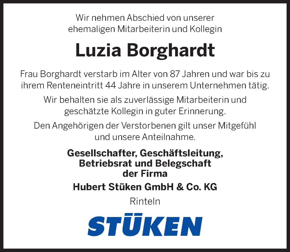  Traueranzeige für Luzia Borghardt vom 03.06.2025 aus Schaumburger Zeitung/ Landes-Zeitung