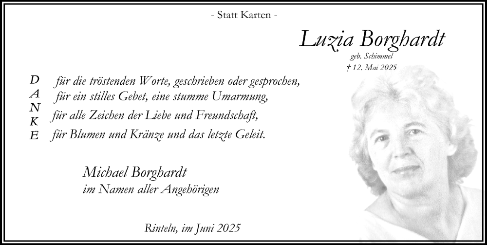  Traueranzeige für Luzia Borghardt vom 21.06.2025 aus Schaumburger Nachrichten und Schaumburger Zeitung/ Landes-Zeitung