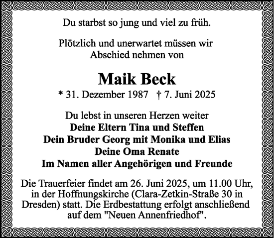 Traueranzeige von Maik Beck von Sächsische Zeitung