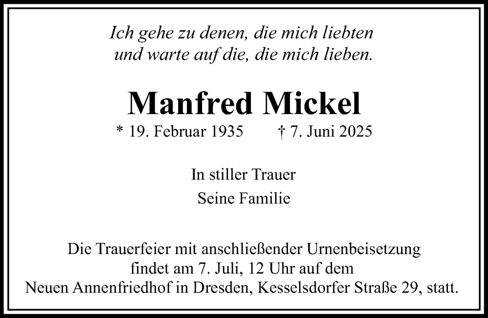  Traueranzeige für Manfred Mickel vom 21.06.2025 aus Sächsische Zeitung