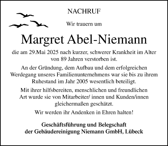 Traueranzeige von Margret Abel-Niemann von Lübecker Nachrichten