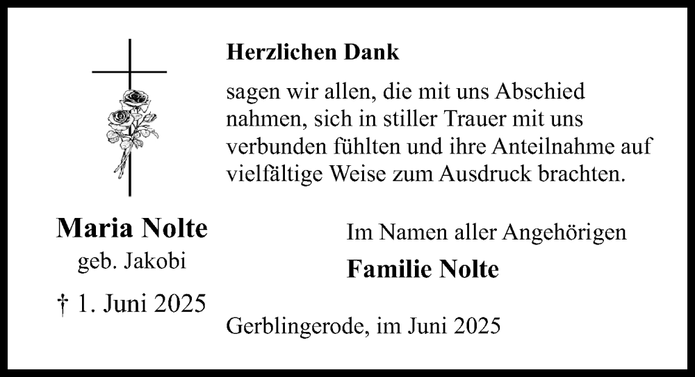  Traueranzeige für Maria Nolte vom 21.06.2025 aus Eichsfelder Tageblatt