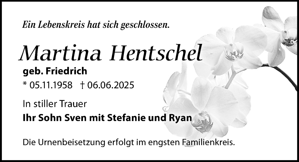  Traueranzeige für Martina Hentschel vom 29.06.2025 aus Torgauer Zeitung