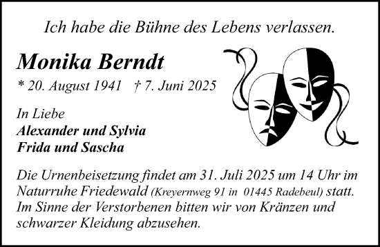 Traueranzeige von Monika Berndt von Sächsische Zeitung