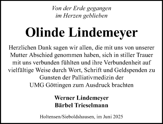 Traueranzeige von Olinde Lindemeyer von Göttinger Tageblatt