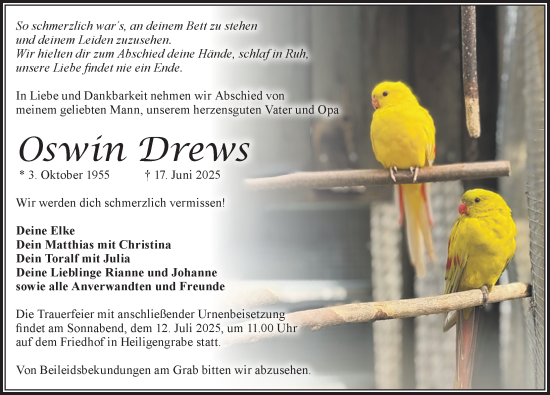 Traueranzeige von Oswin Drews von Wochenspiegel