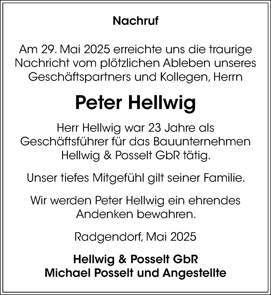  Traueranzeige für Peter Hellwig vom 07.06.2025 aus Sächsische Zeitung