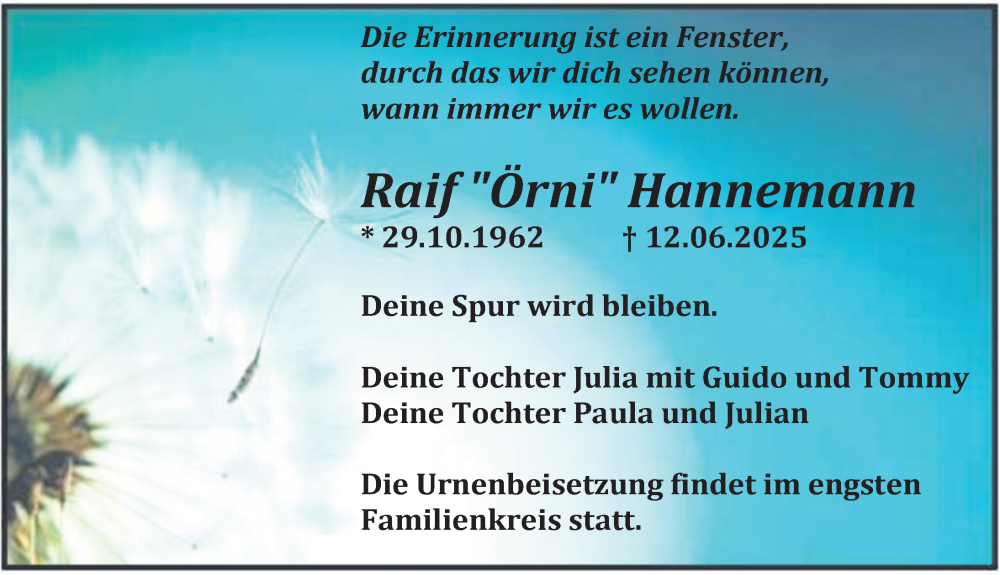  Traueranzeige für Raif Hannemann vom 28.06.2025 aus Märkischen Allgemeine Zeitung