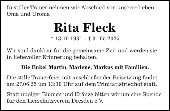 Traueranzeige von Rita Fleck von Sächsische Zeitung