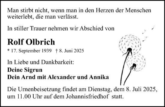 Traueranzeige von Rolf Olbrich von Sächsische Zeitung