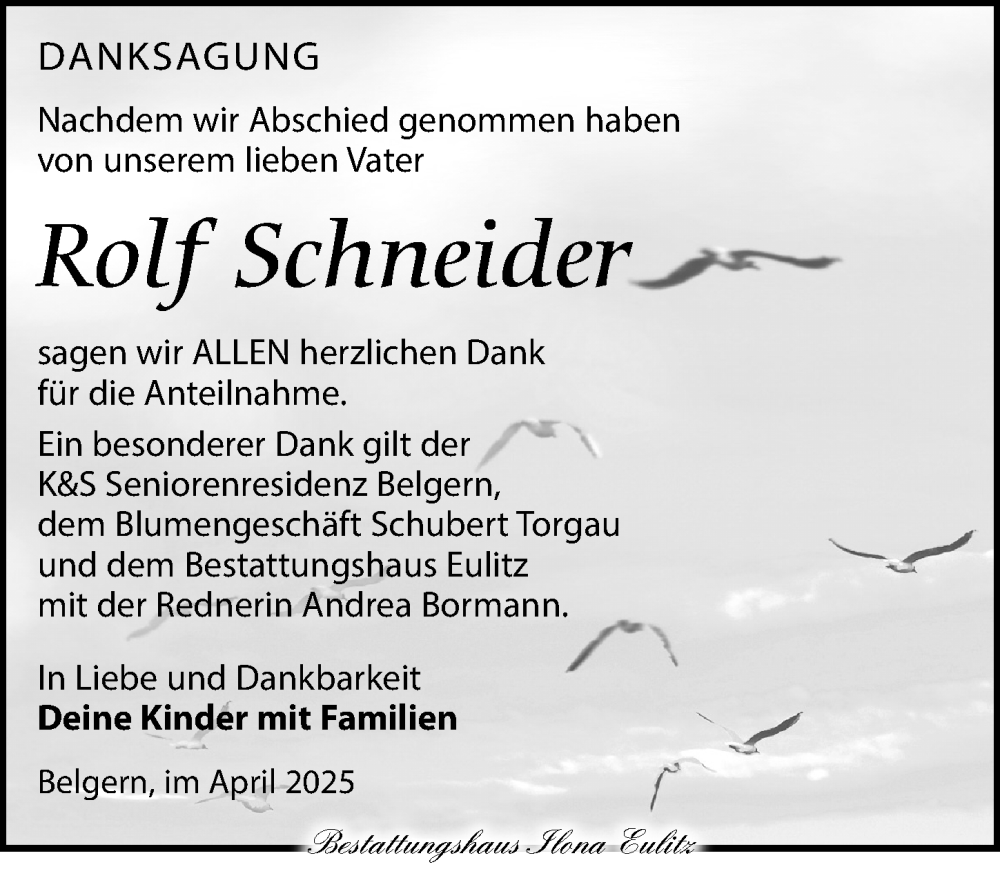  Traueranzeige für Rolf Schneider vom 17.05.2025 aus Torgauer Zeitung