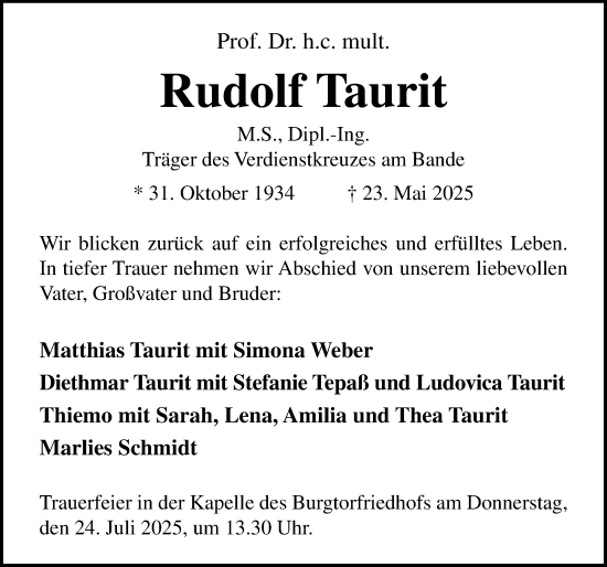 Traueranzeige von Rudolf Taurit von Lübecker Nachrichten