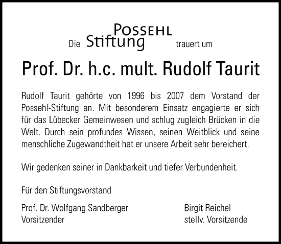 Traueranzeige von Rudolf Taurit von Lübecker Nachrichten