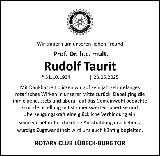 Traueranzeige von Rudolf Taurit von Lübecker Nachrichten