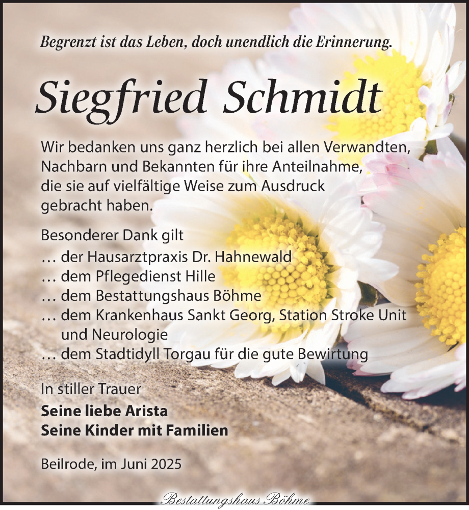  Traueranzeige für Siegfried Schmidt vom 22.06.2025 aus Torgauer Zeitung