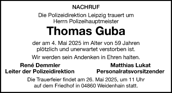 Traueranzeige von Thomas Guba von Leipziger Volkszeitung