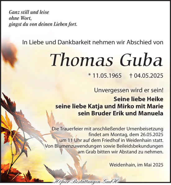 Traueranzeige von Thomas Guba von Torgauer Zeitung