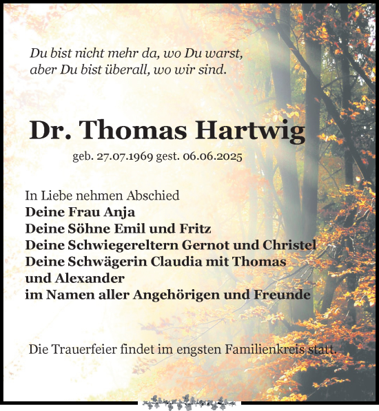 Traueranzeige von Thomas Hartwig von Leipziger Volkszeitung