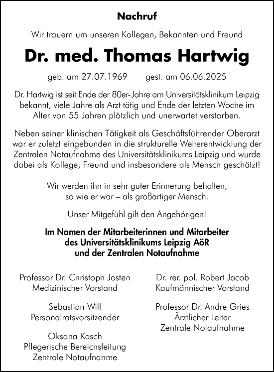Traueranzeige von Thomas Hartwig von Leipziger Volkszeitung