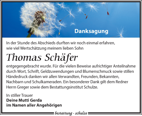 Traueranzeige von Thomas Schäfer von Leipziger Volkszeitung