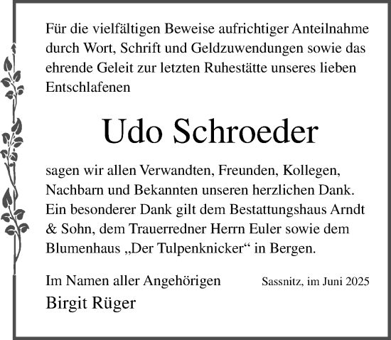 Traueranzeige von Udo Schroeder von Ostsee-Zeitung GmbH