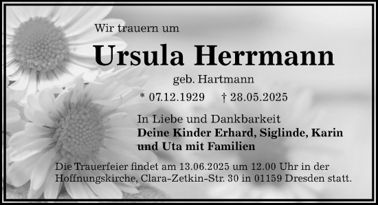 Traueranzeige von Ursula Herrmann von Sächsische Zeitung