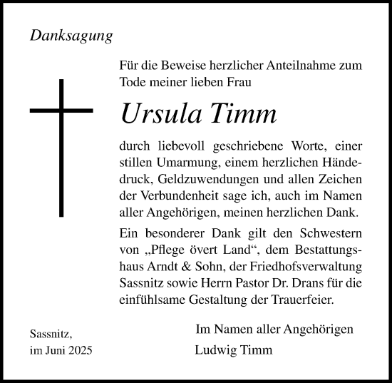 Traueranzeige von Ursula Timm von Ostsee-Zeitung GmbH