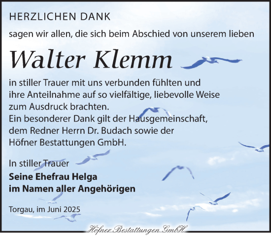 Traueranzeige von Walter Klemm von Torgauer Zeitung