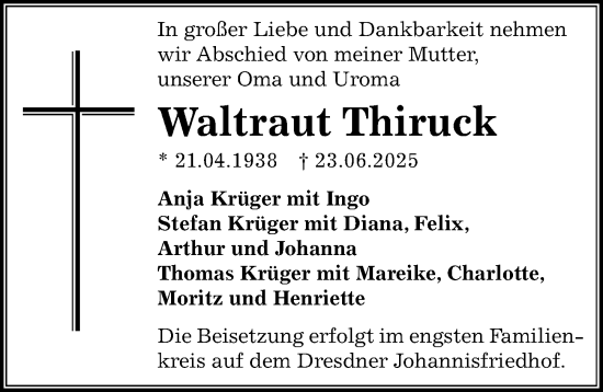 Traueranzeige von Waltraut Thiruck von Sächsische Zeitung