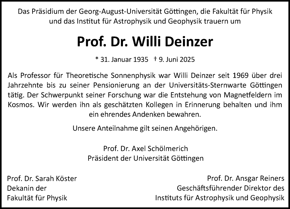 Traueranzeige für Willi Deinzer vom 21.06.2025 aus Göttinger Tageblatt