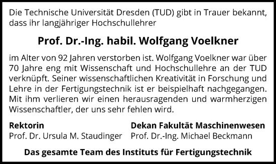 Traueranzeige von Wolfgang Voelkner von Sächsische Zeitung