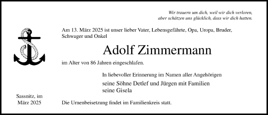 Traueranzeige von Adolf Zimmermann von Ostsee-Zeitung GmbH
