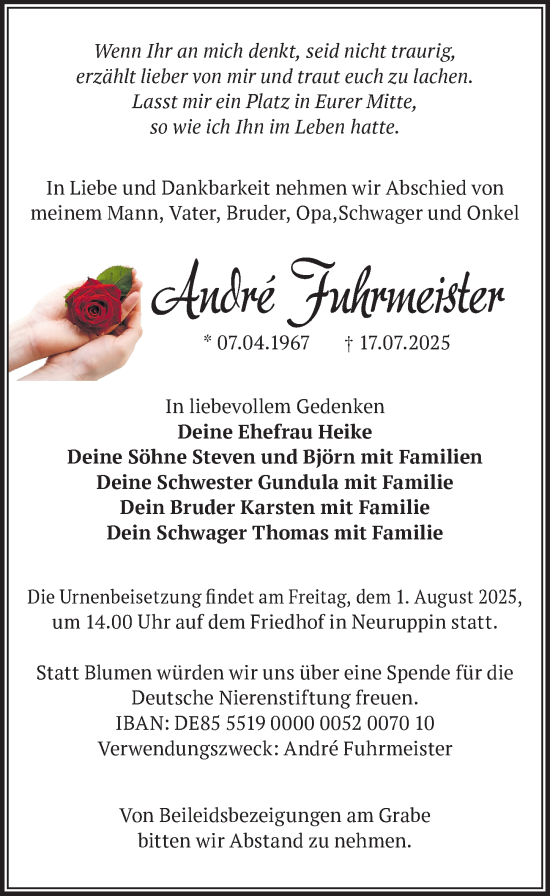Traueranzeige von André Fuhrmeister von Wochenspiegel