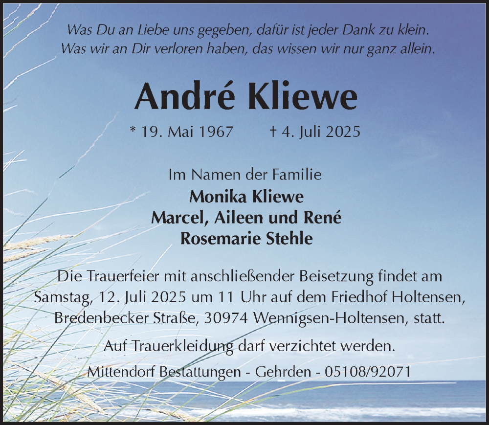  Traueranzeige für André Kliewe vom 09.07.2025 aus Hannoversche Allgemeine Zeitung/Neue Presse