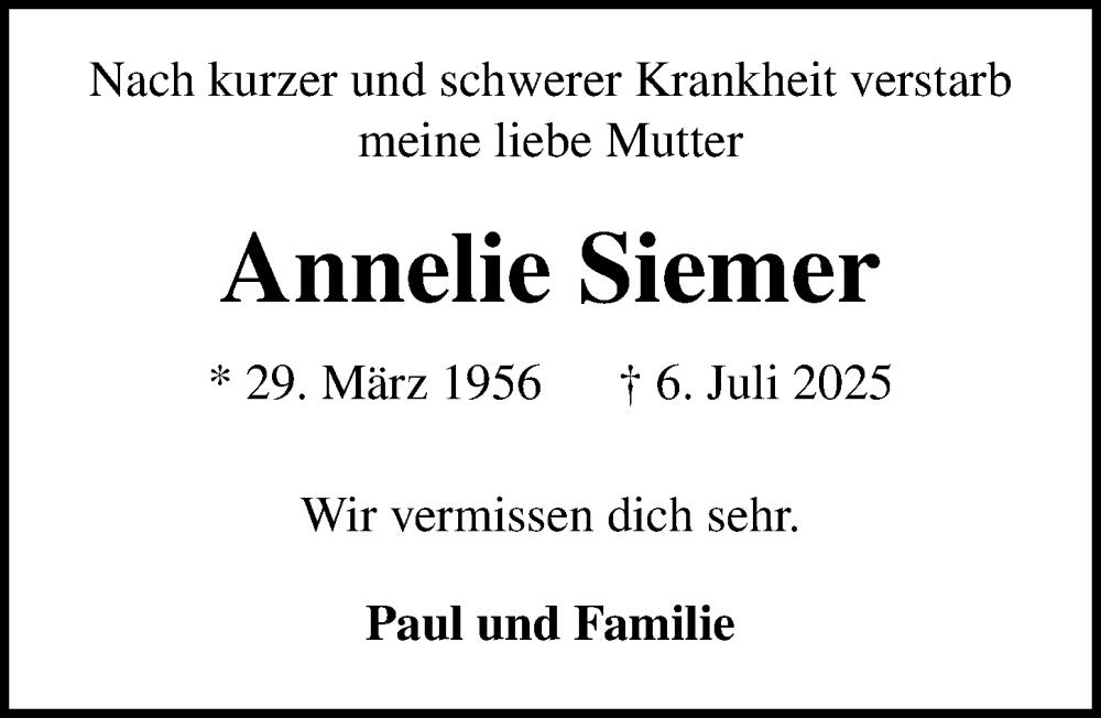  Traueranzeige für Annelie Siemer vom 18.07.2025 aus Lübecker Nachrichten