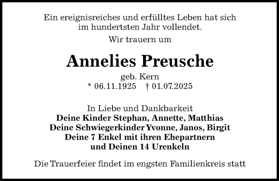 Traueranzeige von Annelies Preusche von Sächsische Zeitung