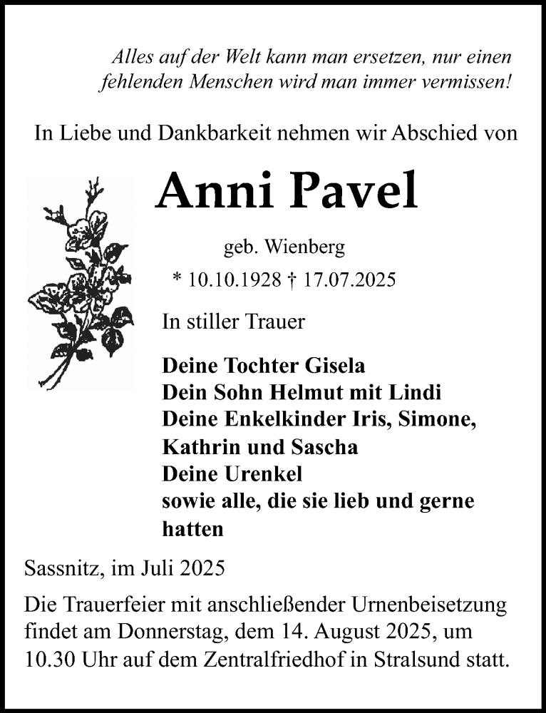  Traueranzeige für Anni Pavel vom 26.07.2025 aus Ostsee-Zeitung GmbH