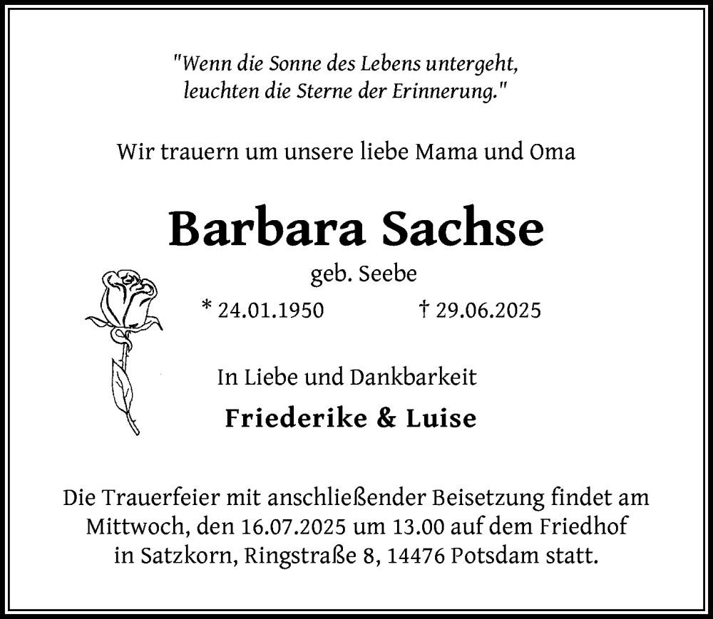 Traueranzeige für Barbara Sachse vom 12.07.2025 aus Märkischen Allgemeine Zeitung