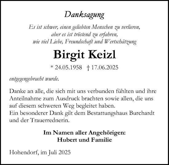 Traueranzeige von Birgit Keizl von Ostsee-Zeitung GmbH
