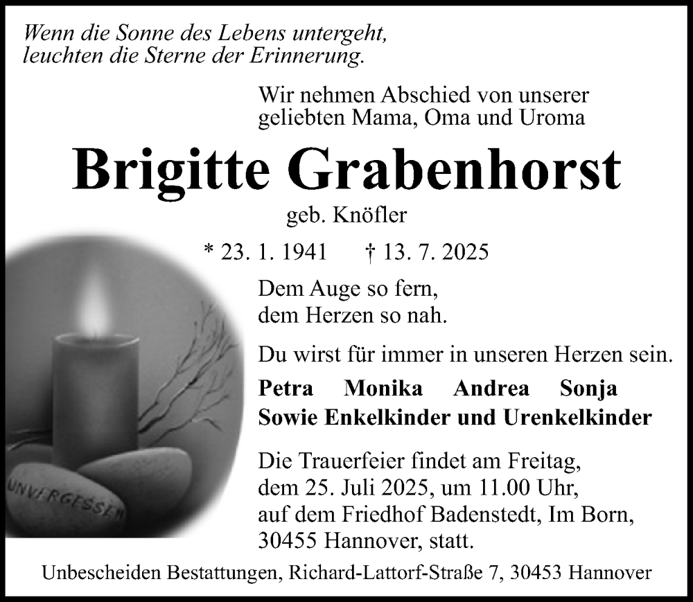  Traueranzeige für Brigitte Grabenhorst vom 19.07.2025 aus Hannoversche Allgemeine Zeitung/Neue Presse