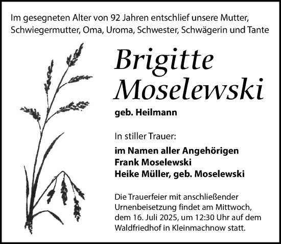 Traueranzeige von Brigitte Moselewski von Märkischen Allgemeine Zeitung