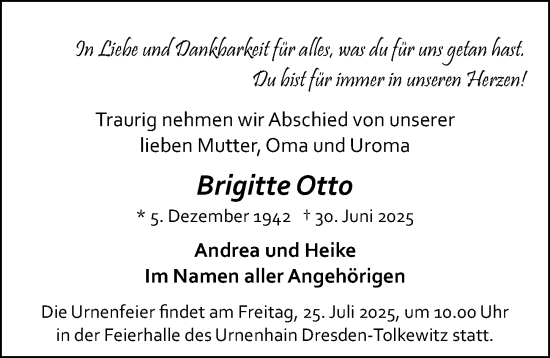 Traueranzeige von Brigitte Otto von Sächsische Zeitung