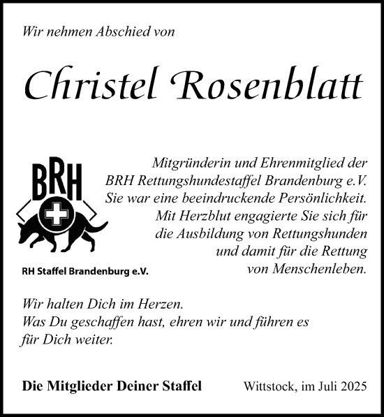 Traueranzeige von Christel Rosenblatt von Wochenspiegel