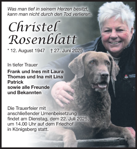 Traueranzeige von Christel Rosenblatt von Wochenspiegel